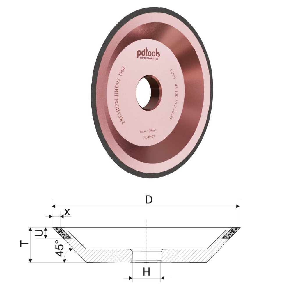 PDTools PREMIUM diamond grinding wheel 12V9-45 100 x 10 x 3 x 20 x 31.75 mm, HPD03 D64 | SKU FR2-04-HPD03-D64 | Product Image